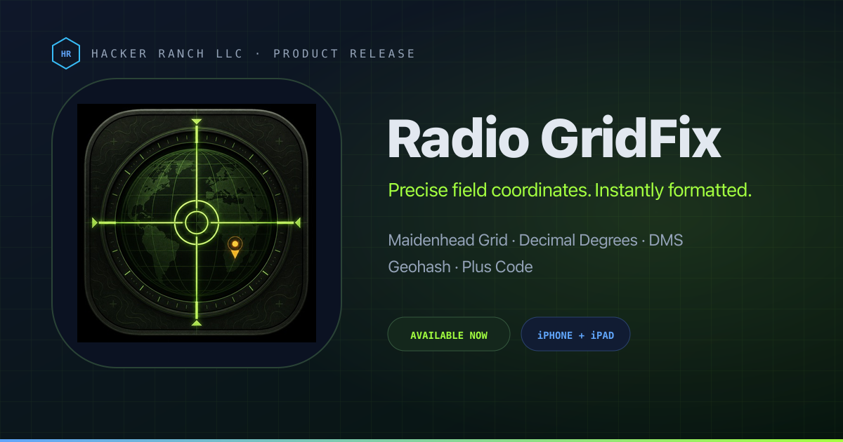 Radio GridFix release artwork showing the app icon and supported coordinate formats
